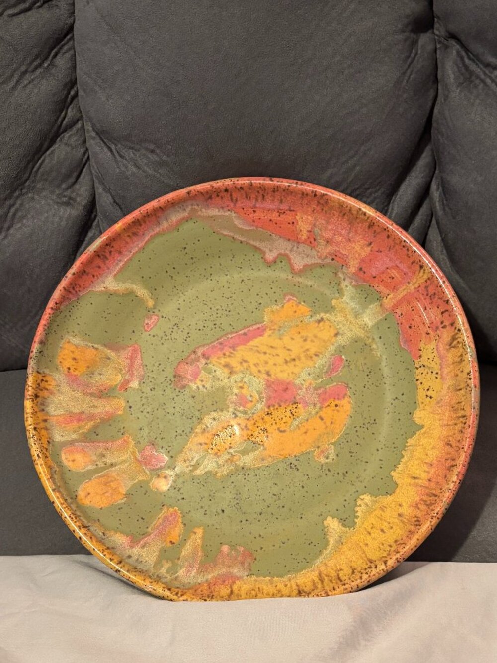 Studio Art Pottery  10.25" Serving/Fruit Bowl-Signed by Artist-Orange/Pink/Green